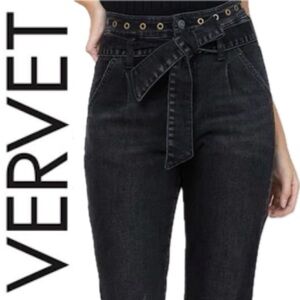 Vervet 29 Black Erika Stretch Mom Jeans | High Waist | Distressed | Tie Waist